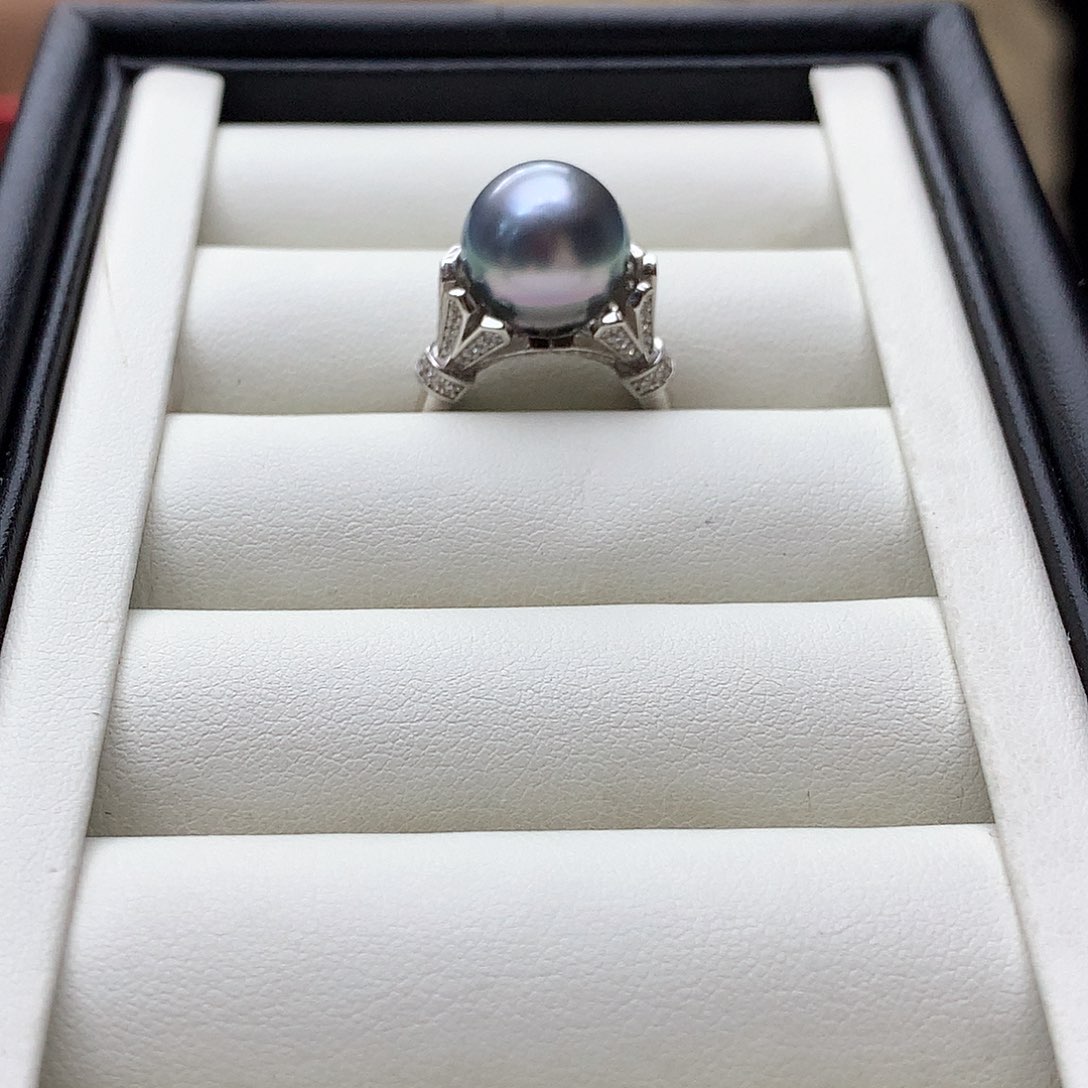 海水珍珠戒圈银S925镶嵌11-12mm大溪地铂金灰戒指