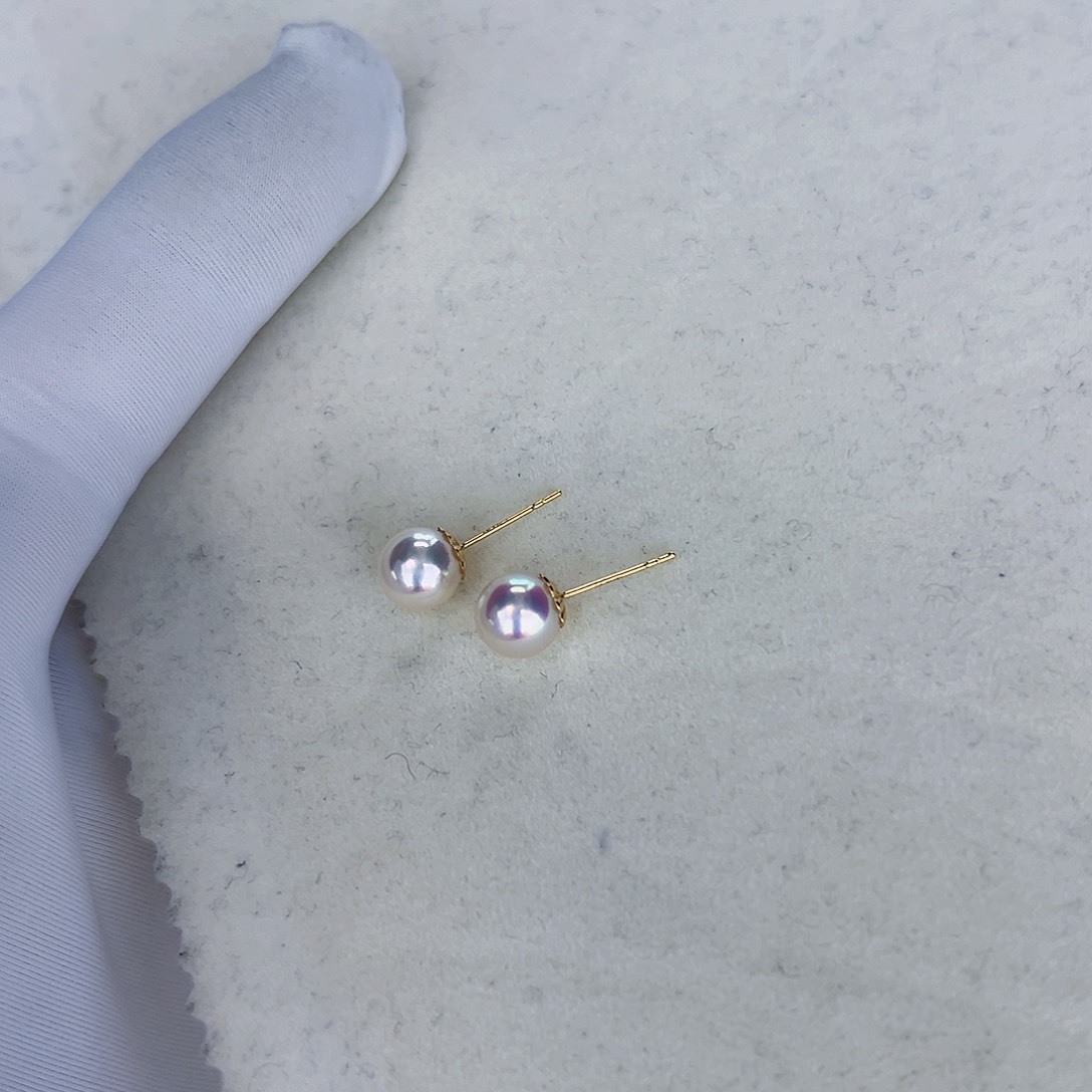 海水珍珠海水akoya天女耳钉7-7.5mm18K金镶嵌