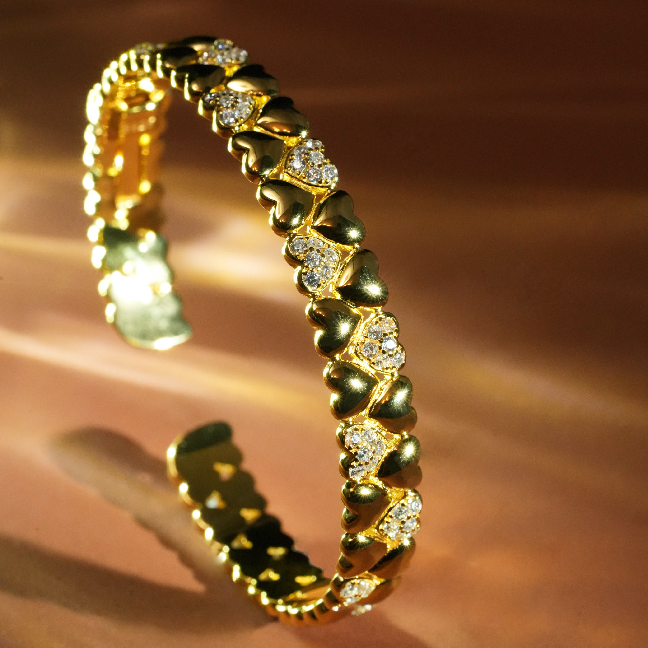 925银合成锆石手镯 镀K金层S925银镶钻【LUMA】双层开口手镯041