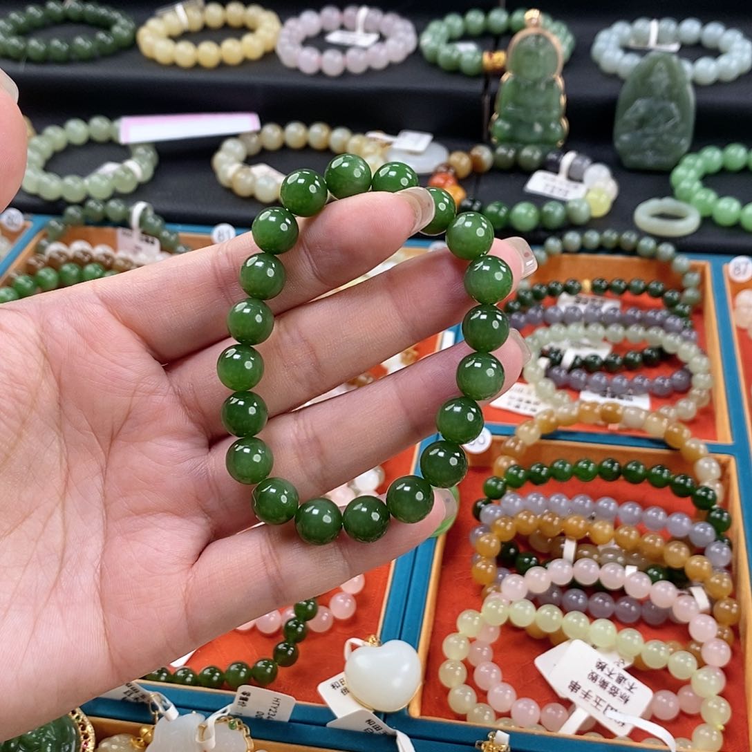 和田玉手链 9MM未镶嵌碧玉