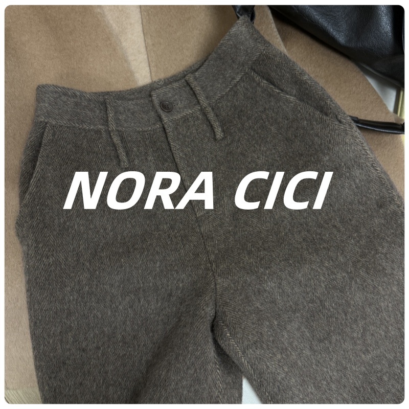【NORA CICI ]2025新款气质高腰羊毛人字纹直筒五分裤