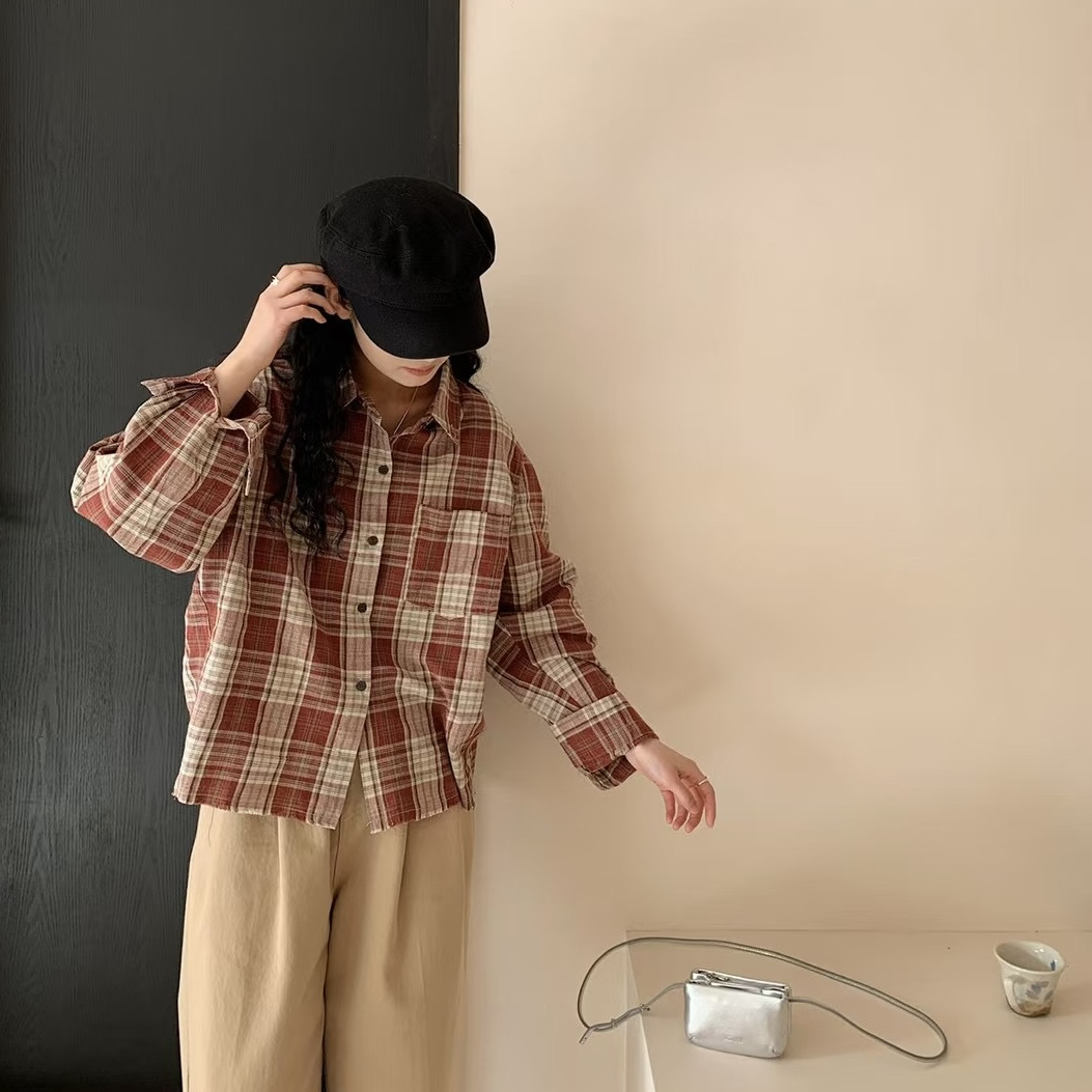 【清仓no退换】复古毛边格子衬衫长袖上衣休闲慵懒宽松百搭衬衣