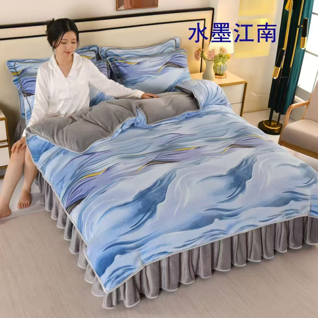 被套双面绒保暖床品套件绒被奶绒轻奢印花四件套加绒被罩加厚夹棉