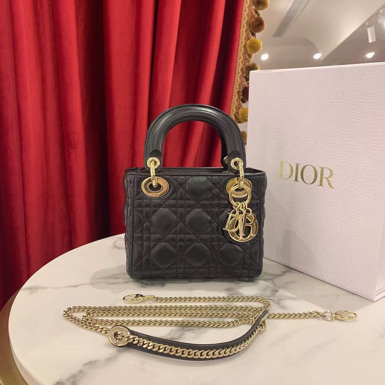 95新 DIOR/迪奥 GGS迪奥戴妃三格黑金羊皮单肩包/19612045