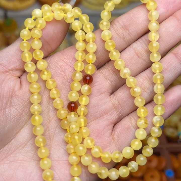 蜜蜡未镶嵌珠宝奇石-163-天然蜜蜡无优化108链子微微瑕