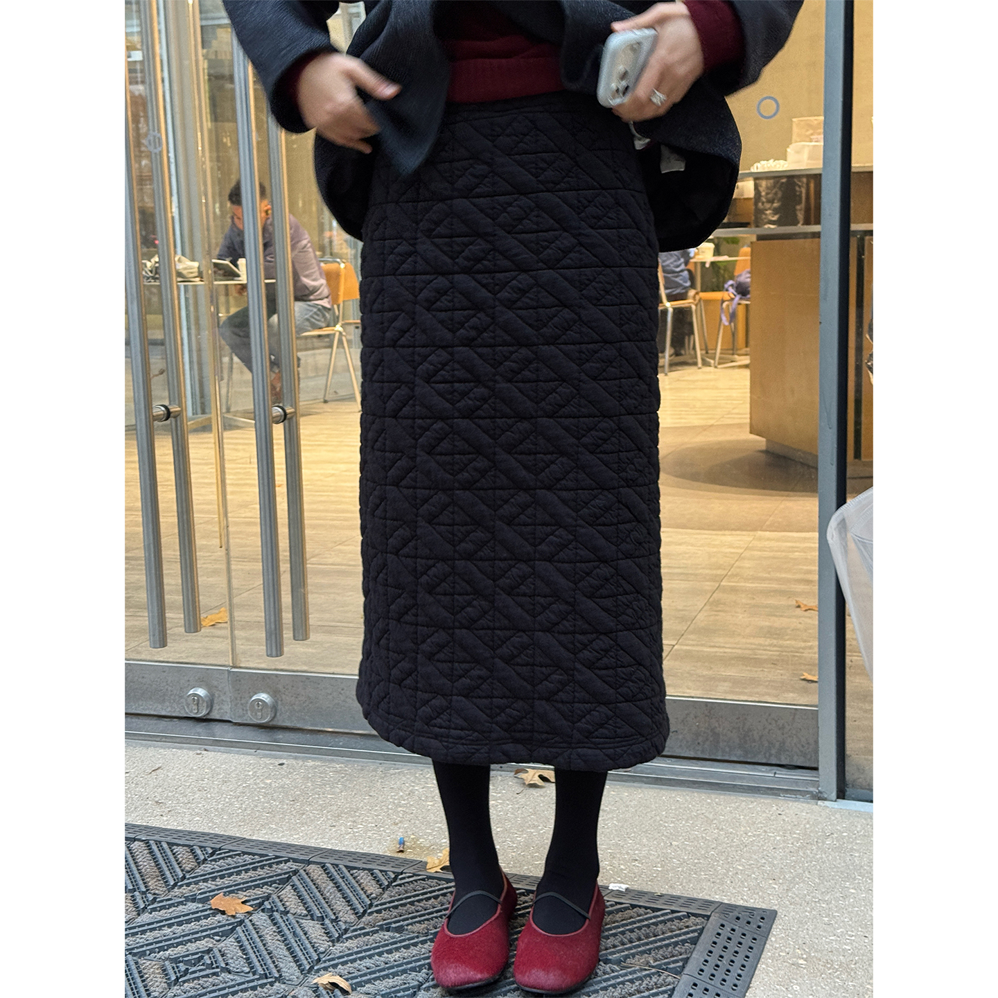 ALNGQING 极简百搭几何绗缝松紧腰中长款半身裙46736/46953#