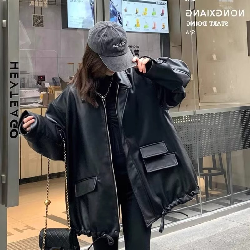 2-300斤胖mm大码美式复古皮衣女设计感小众宽松百搭外套设计夹克