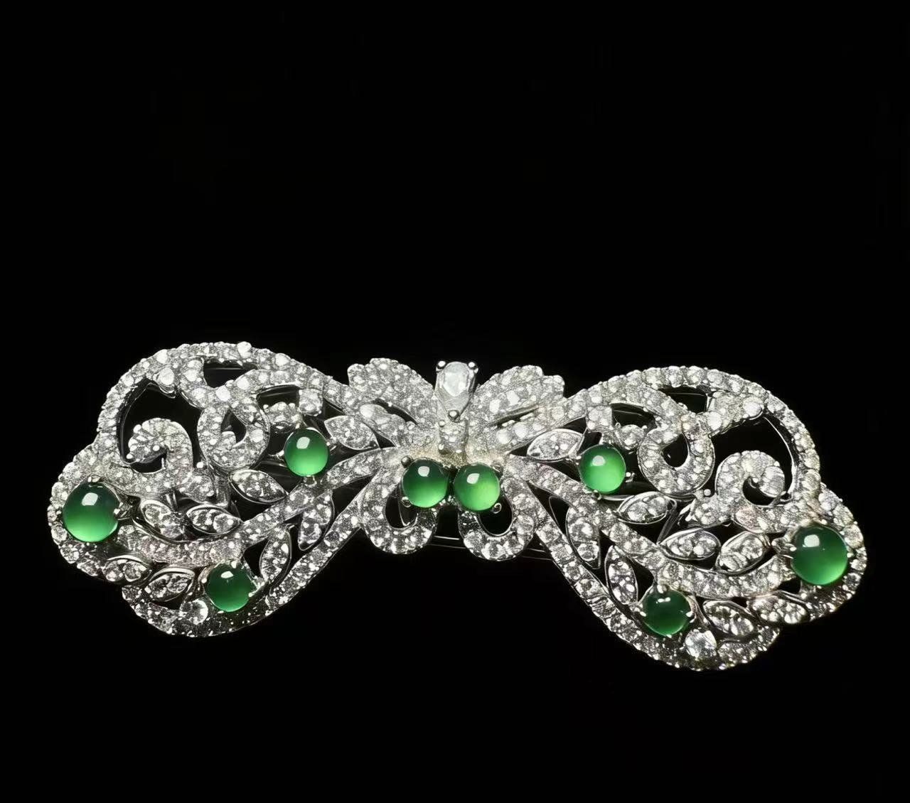 蝴蝶结 翡翠胸针 S925银 设计师款气质时尚绿色奢华