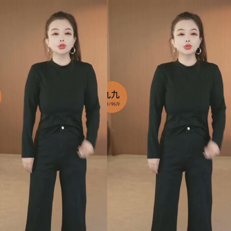 九九小个子定制黑色长袖袖半高领圆领时尚百搭纯色螺纹T恤打底