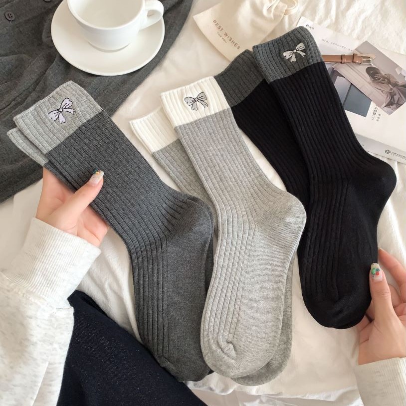 韩系中筒袜秋冬季ins风潮可爱卡通刺绣蝴蝶结堆堆袜