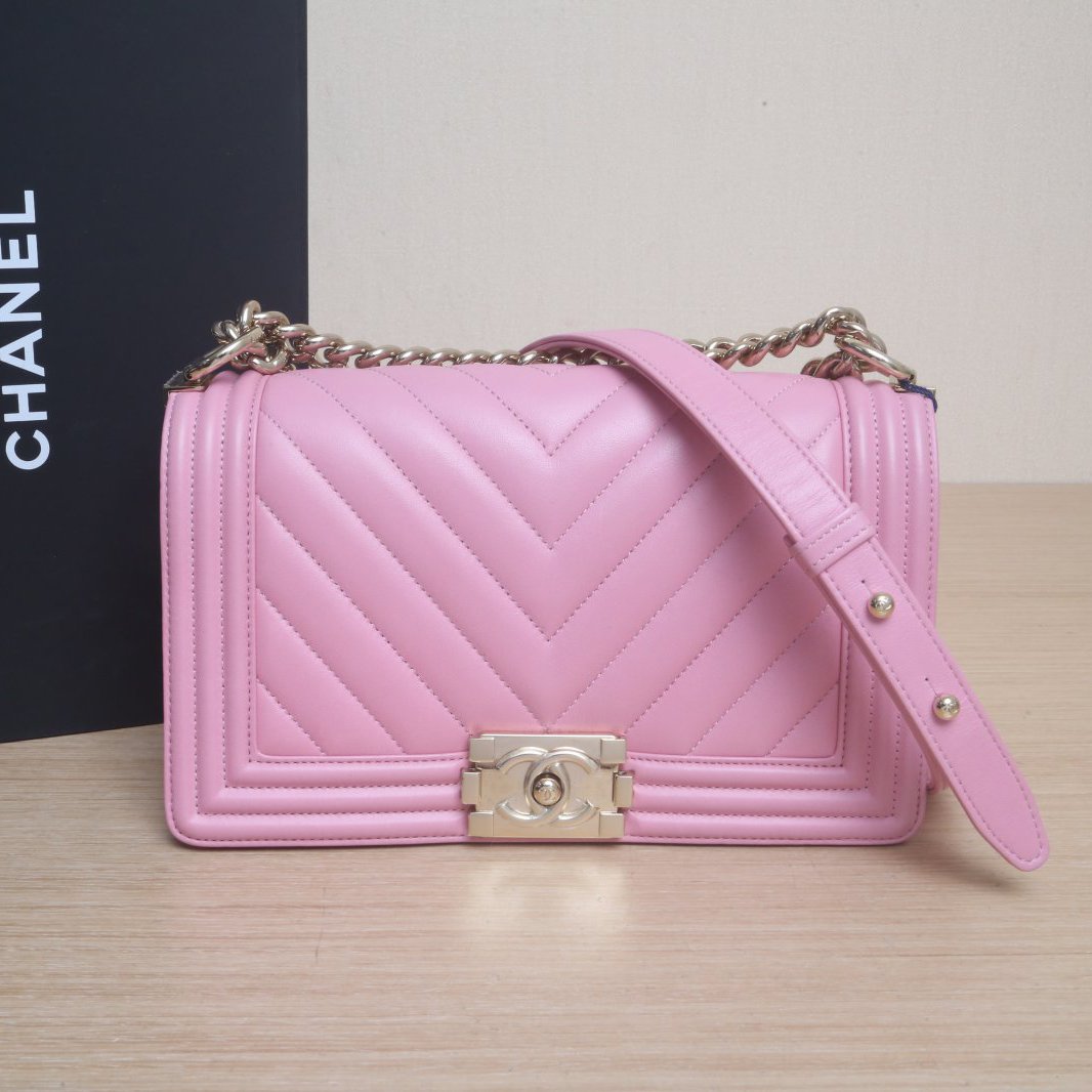 95新 Chanel/香奈儿 【双双活动】Leboy中号25粉红色 芯片V纹