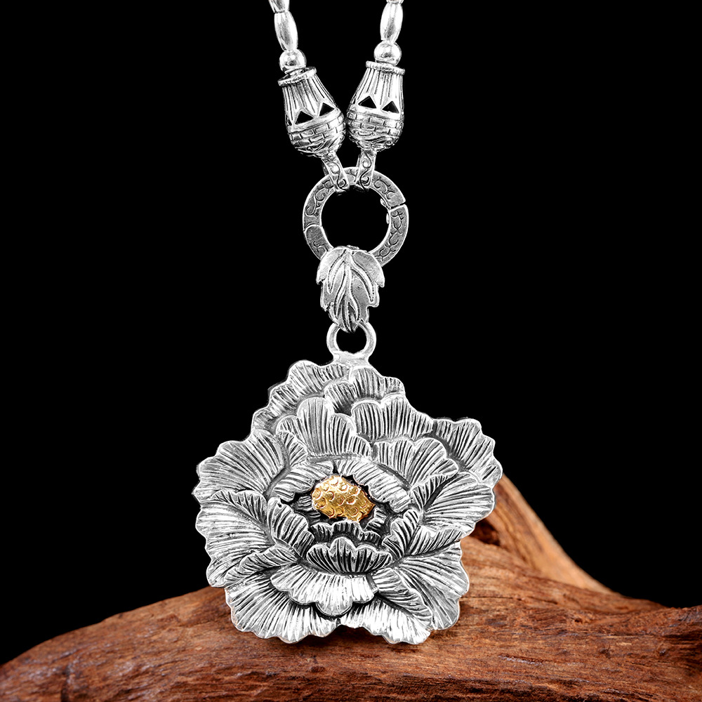 吊坠足银 润土匠心s999足银手工錾刻嵌金牡丹花吊坠时尚轻奢