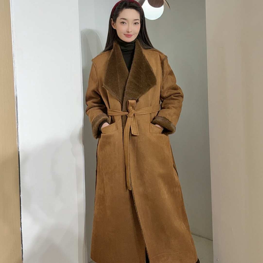 高级大翻领麂皮绒毛毛一体长款外套女2025冬季新系带收腰加厚大衣