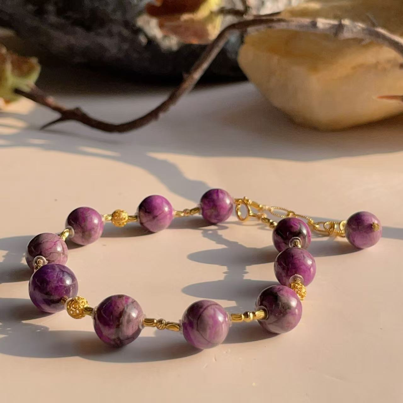 舒俱来泥地樱花紫圆珠手链16cm/18k/8mm-9mm/AZB3792/编码多样