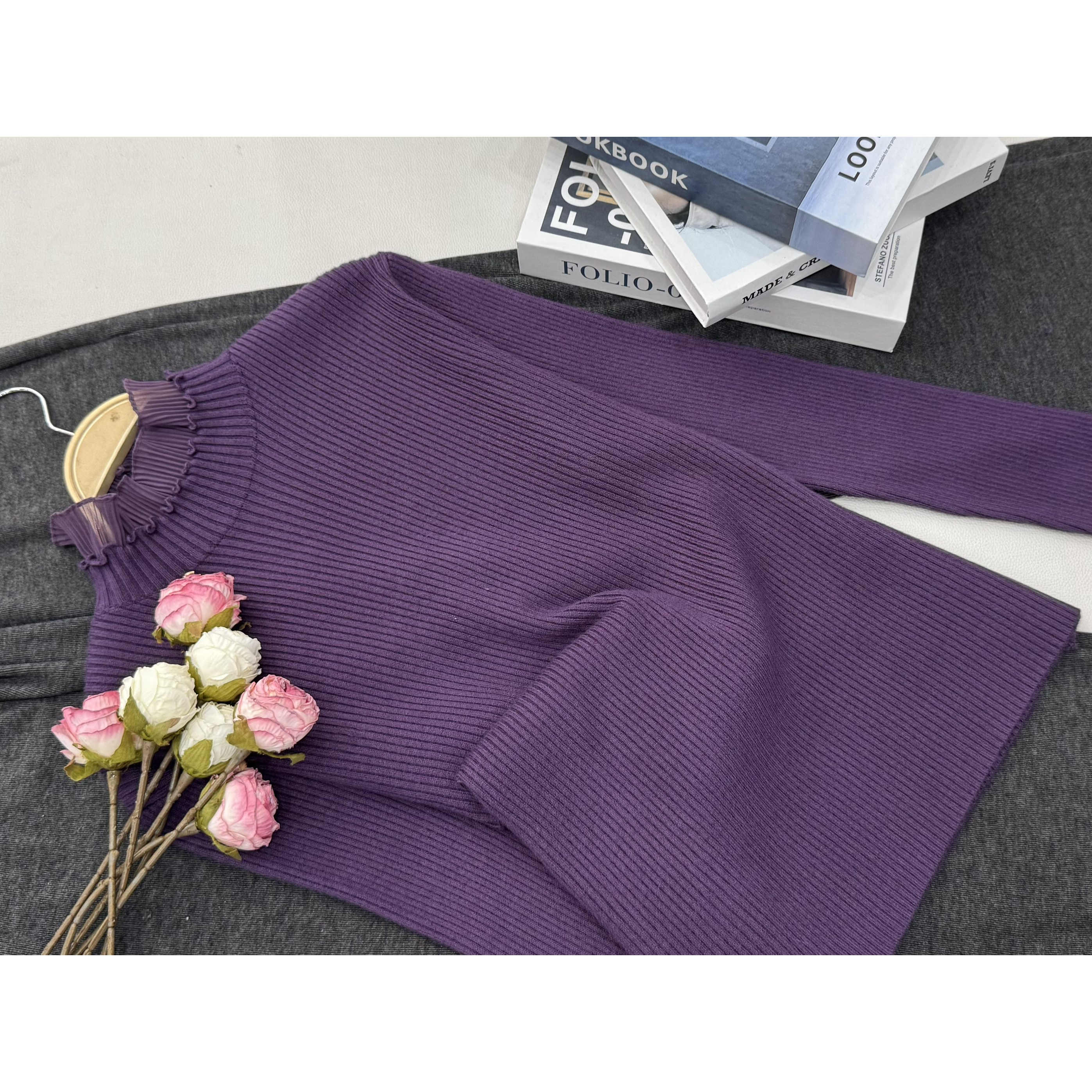 【紫色木耳边套头】早秋新款时尚长袖针织上衣QC5709