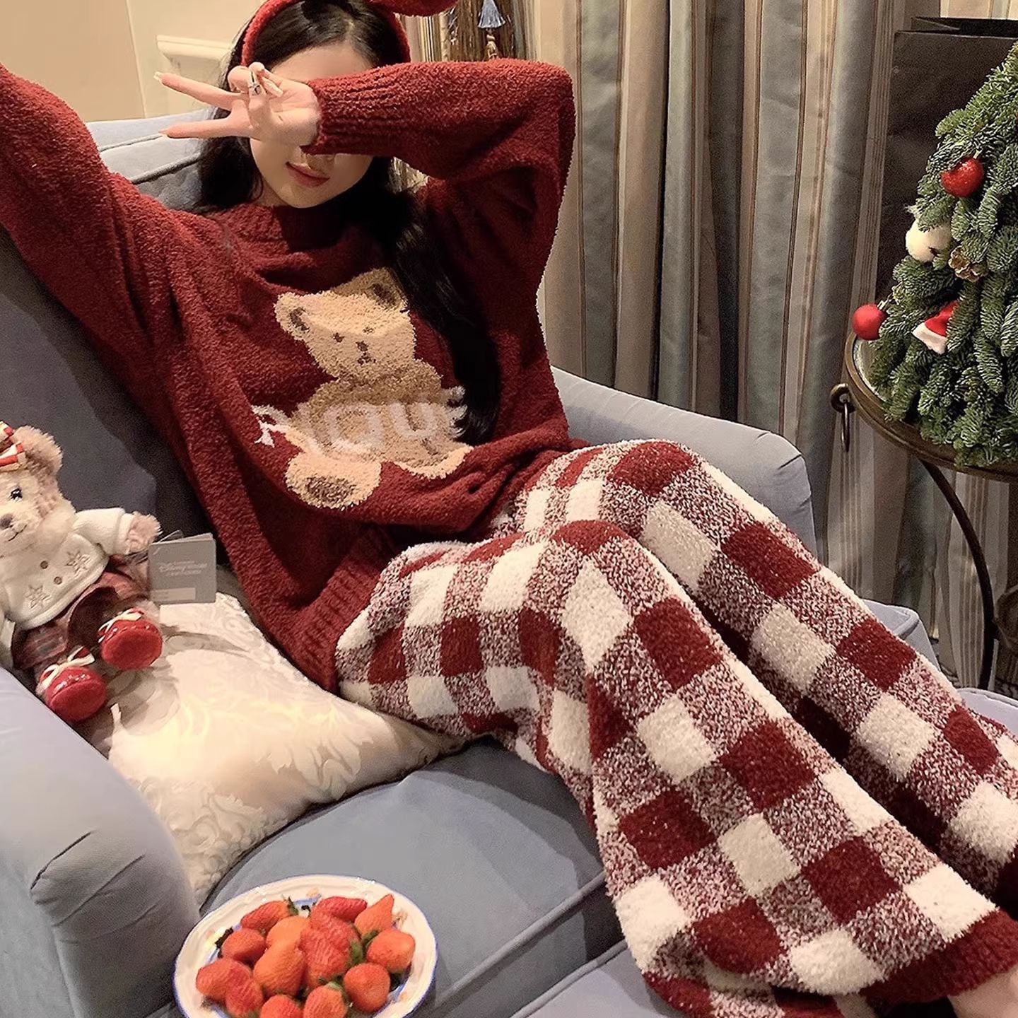 【运费补贴 半边绒】可爱红色小熊睡衣女加绒保暖家居服套装可外穿