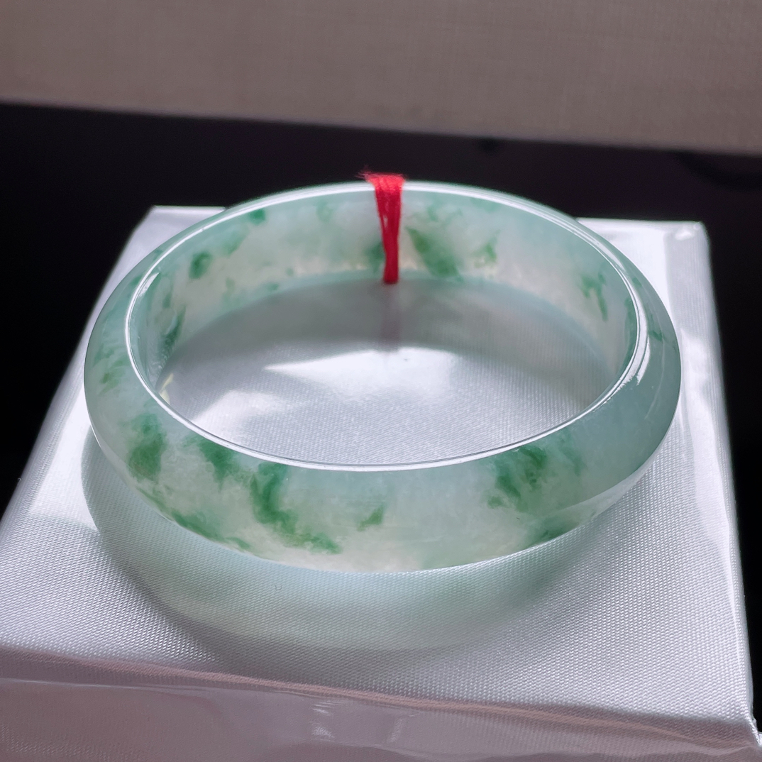 正品天然缅甸翡翠Ａ货 冰种飘蓝花53圈贵妃手镯 种水一致灵动飘逸