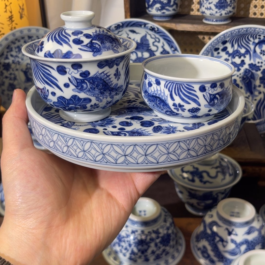 咖***啡其他瓷汀蓝手作纯手工手绘青花全鳜套组