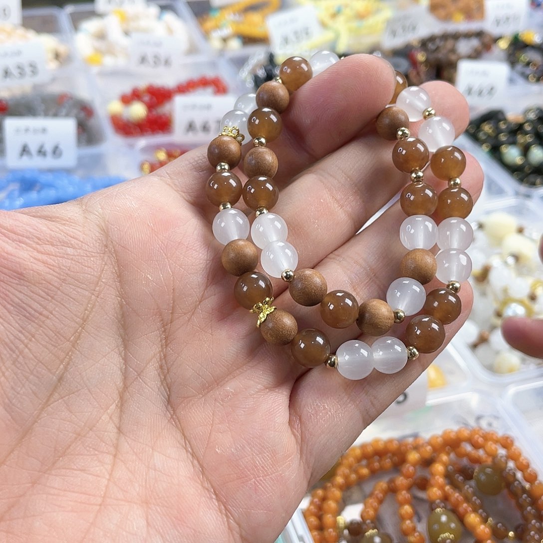 檀香木手串银S925镀金镶嵌