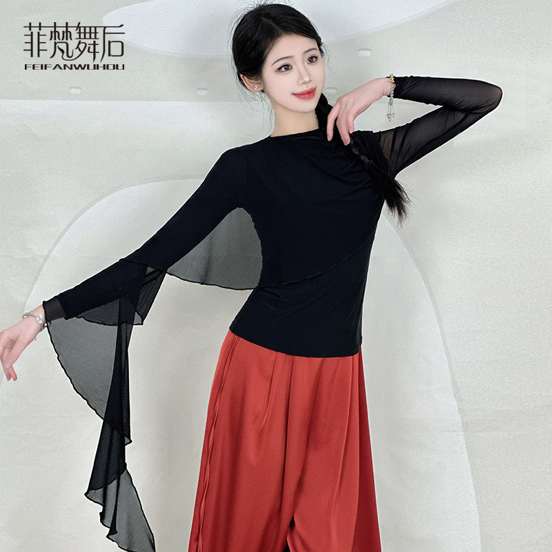菲梵舞后新款现代舞上衣修身显瘦古典舞飘纱练功服女拉丁舞服装女