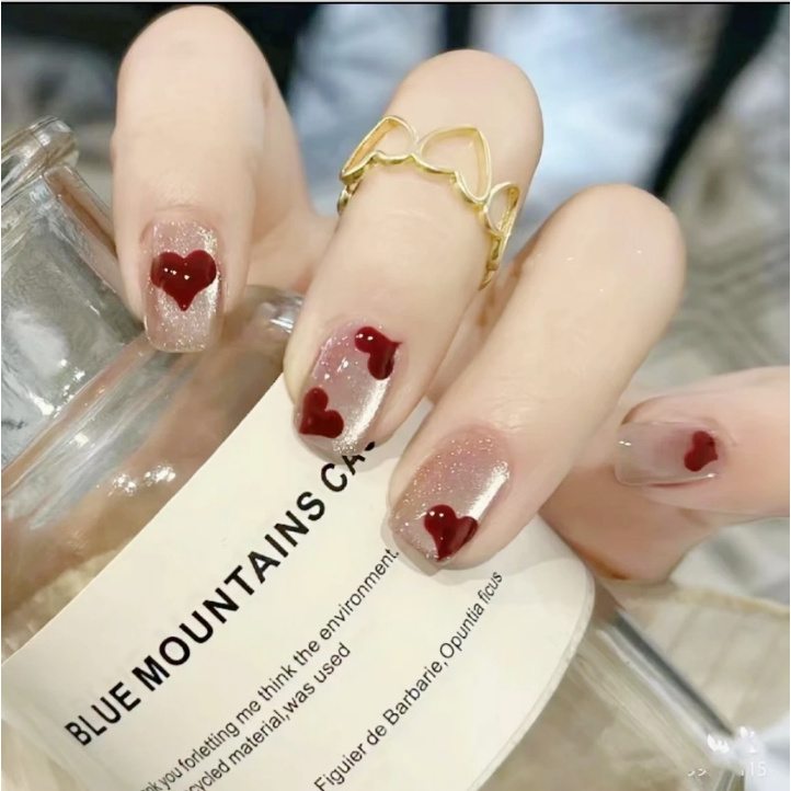 【短方】爱心猫眼绸缎猫眼新年美甲贴片可拆卸30片装全尺码①