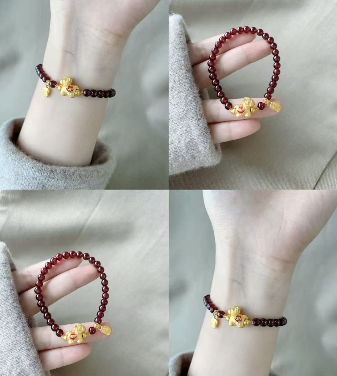 合金琉璃手链 马年新款金色石榴红珠珠小马手链百搭不掉色