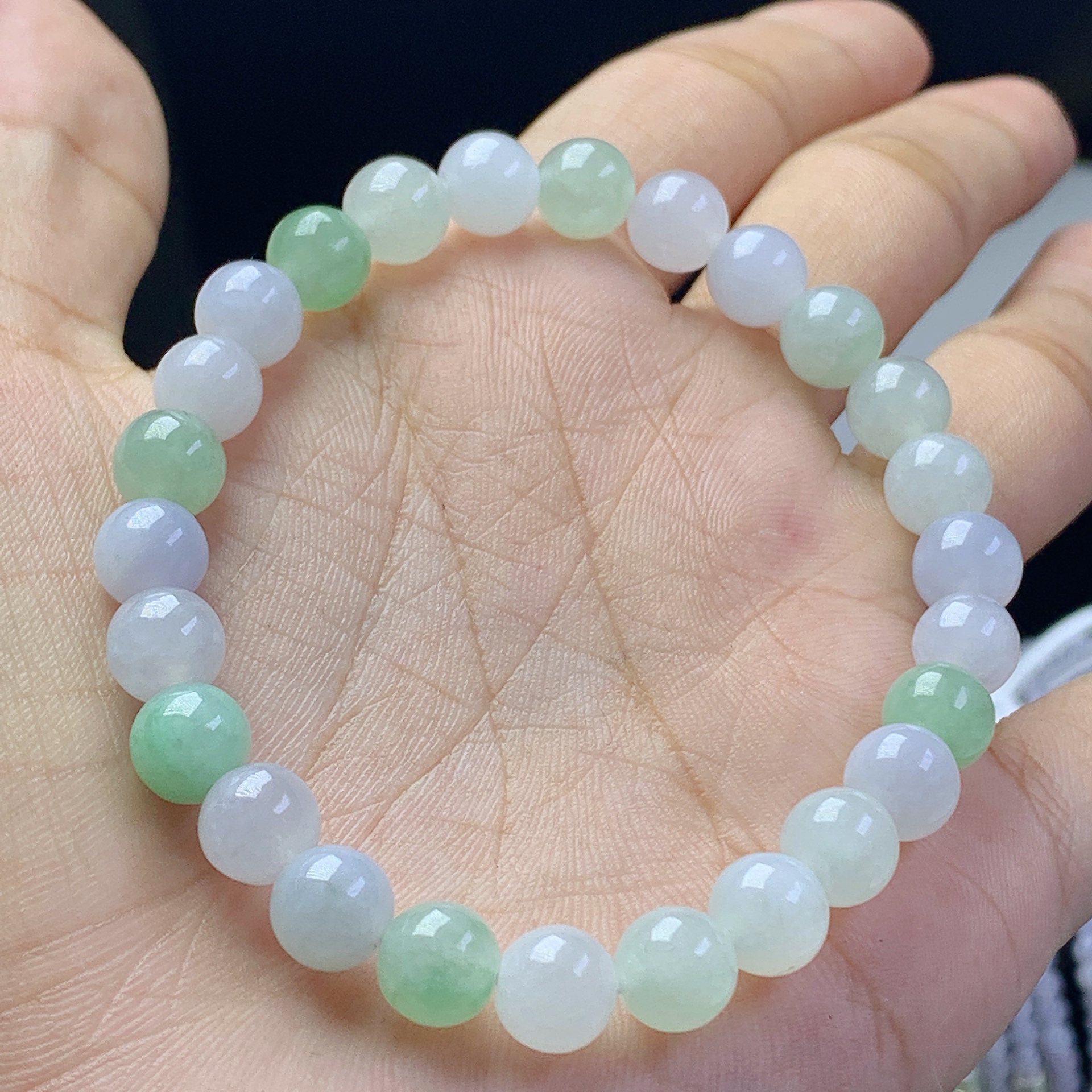 天然A货翡翠多宝梦幻色系春彩手串圆珠卡7mm