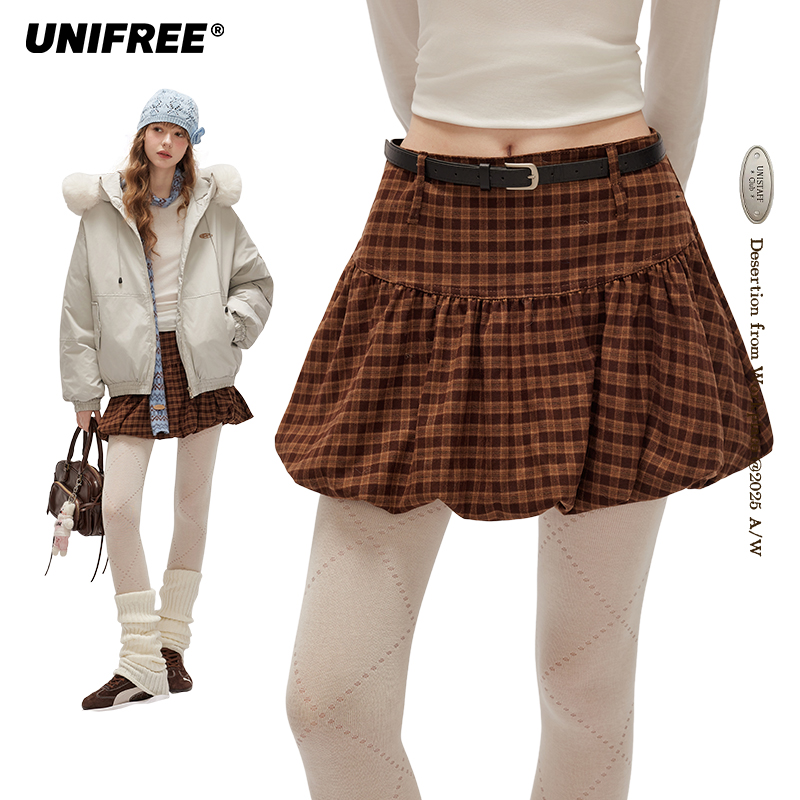 UNIFREE美拉德系半身裙女秋冬新款高腰修身百搭学院风复古花苞裙