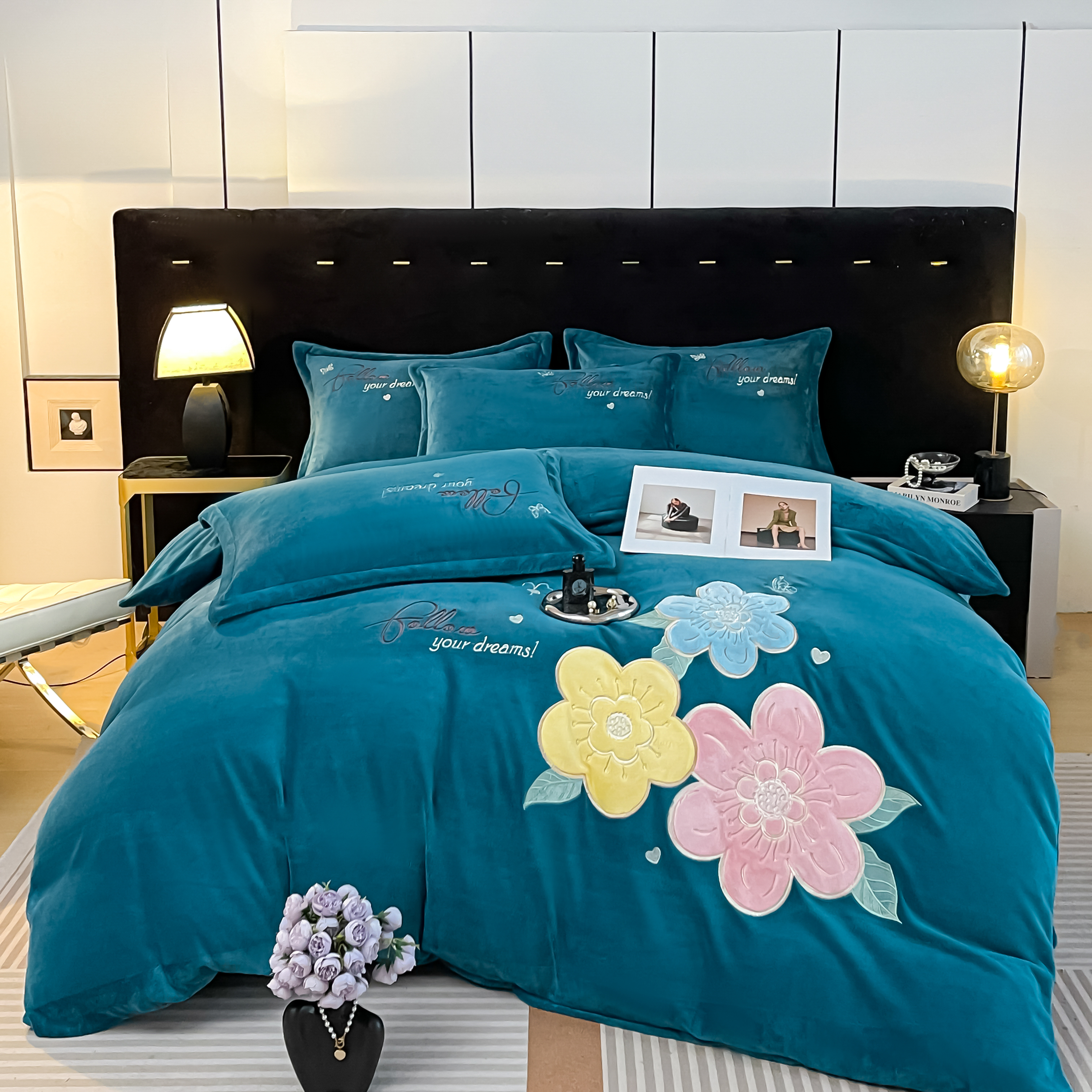 高档立体贴布绣牛奶绒四件套加厚保暖刺绣双面绒双人被套