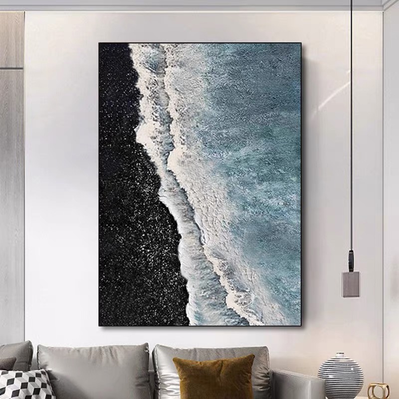 手绘油画《星海》黑白大芬村砂岩肌理客厅沙发背景墙装饰画玄关挂画