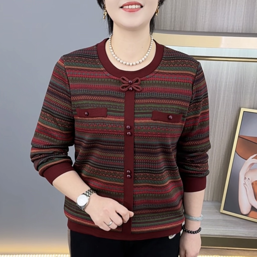 秋冬新款条纹加绒保暖中老年妈妈装宽松显瘦减龄长袖上衣H9990