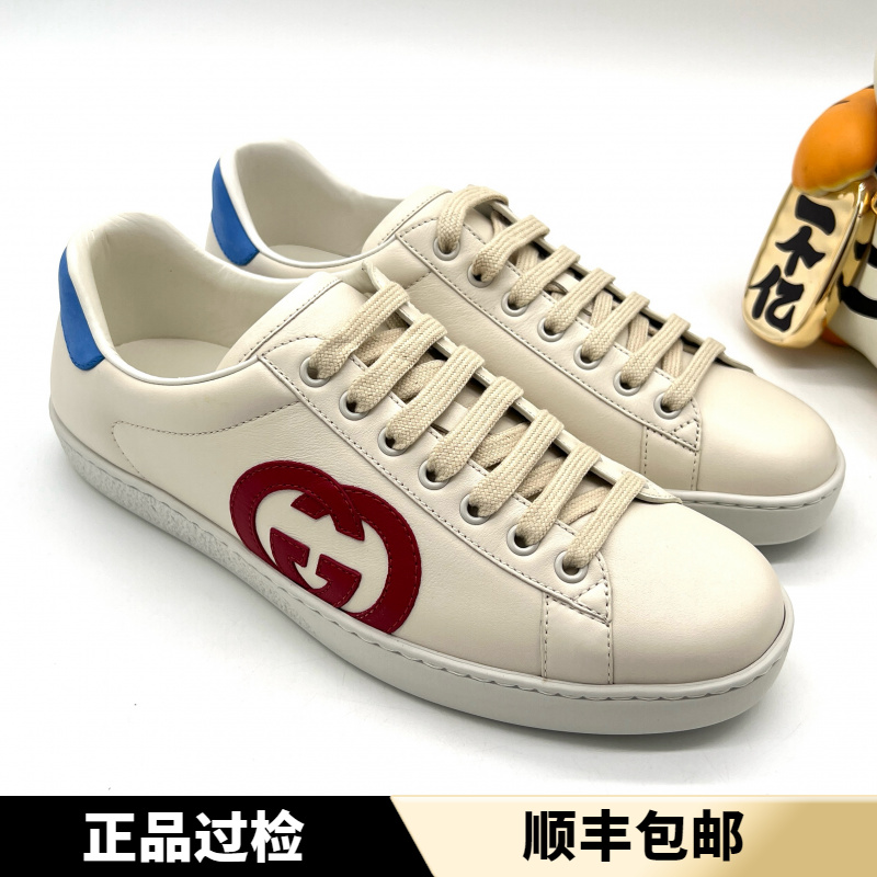 未使用 GUCCI/古驰 米白色ACE系列 红色互扣大双G时尚板鞋 多尺码