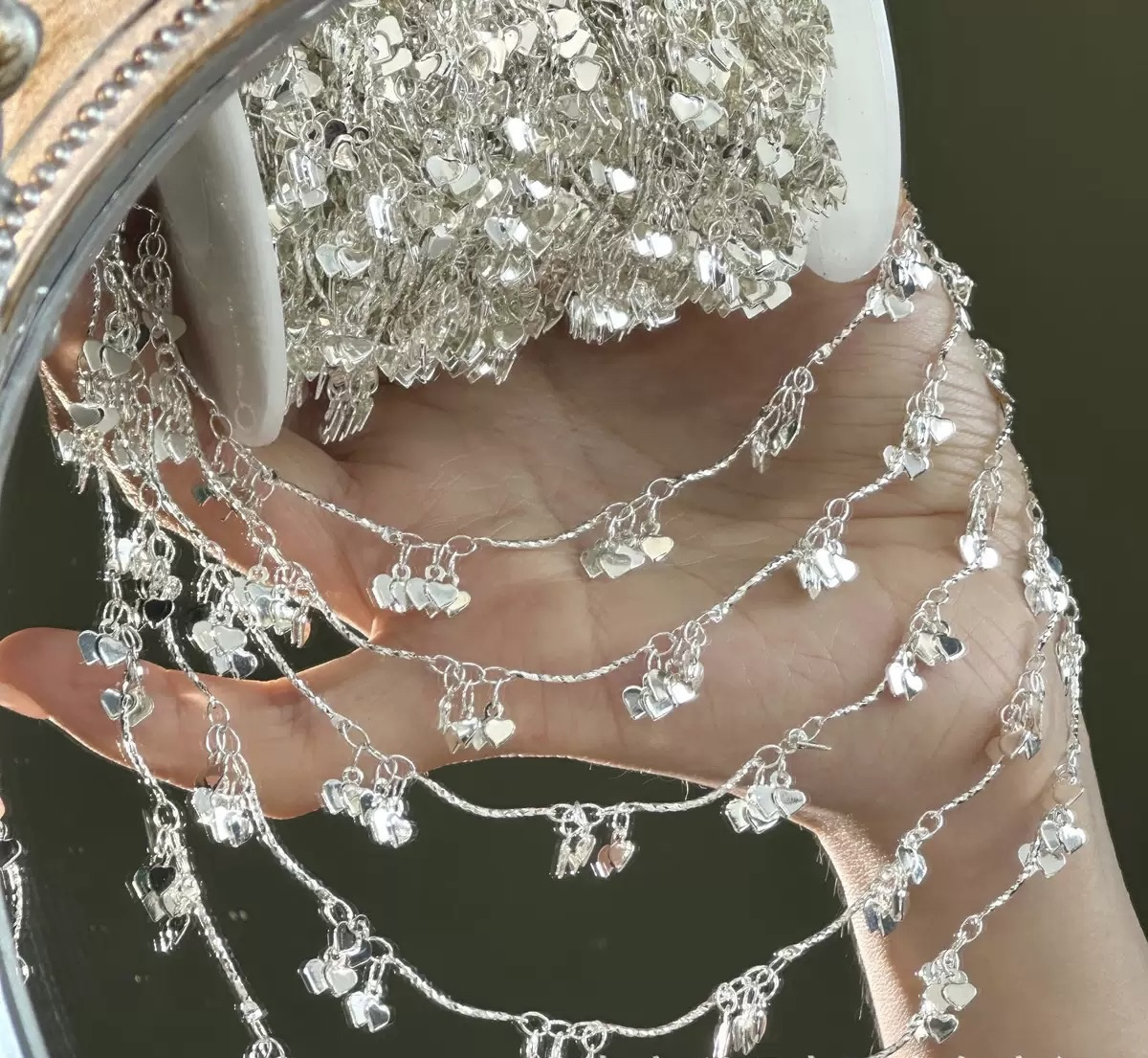 编号335 银白色弯棍爱心 纯铜高保色链条