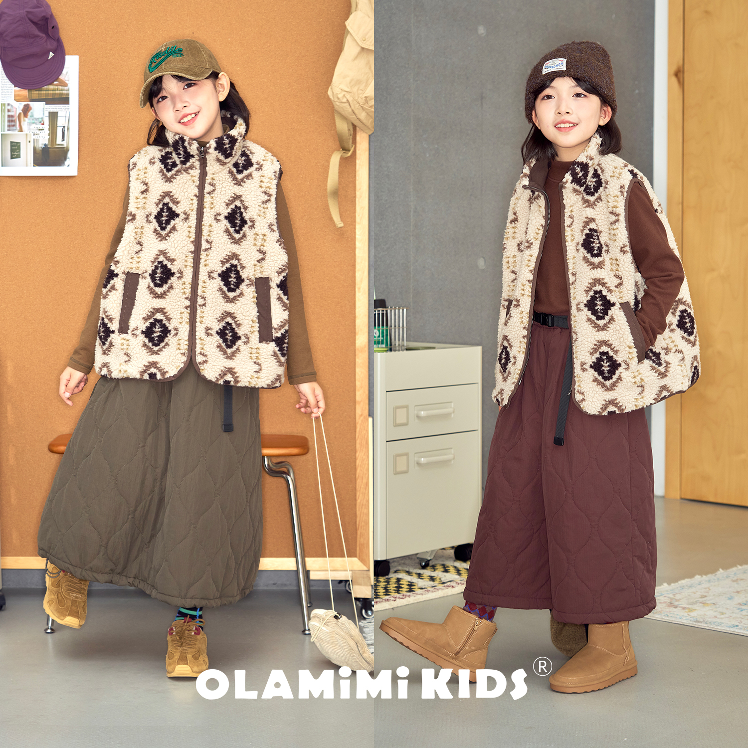OLAMIMI儿童亲子2025冬复古费尔岛仿羔绒加厚保暖马甲立领坎肩