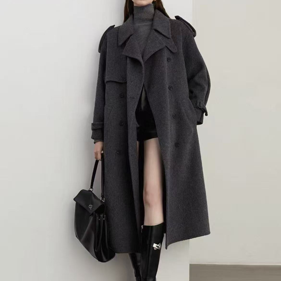 赫本风双排扣系带腰带风衣款长款加厚秋冬气质大衣