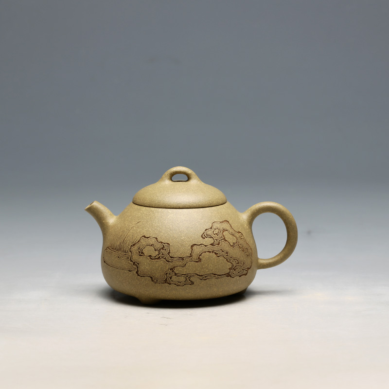 明理茶艺 宜兴紫砂高工王翔刻 山石图段泥手工240CC 三足茶壶