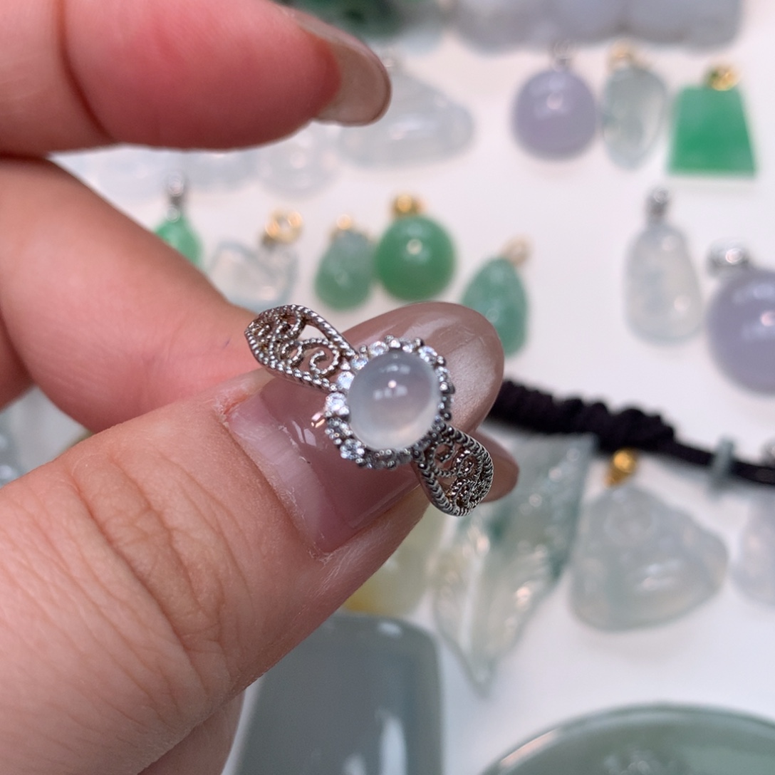 翡翠银S925镶嵌颈饰戒指