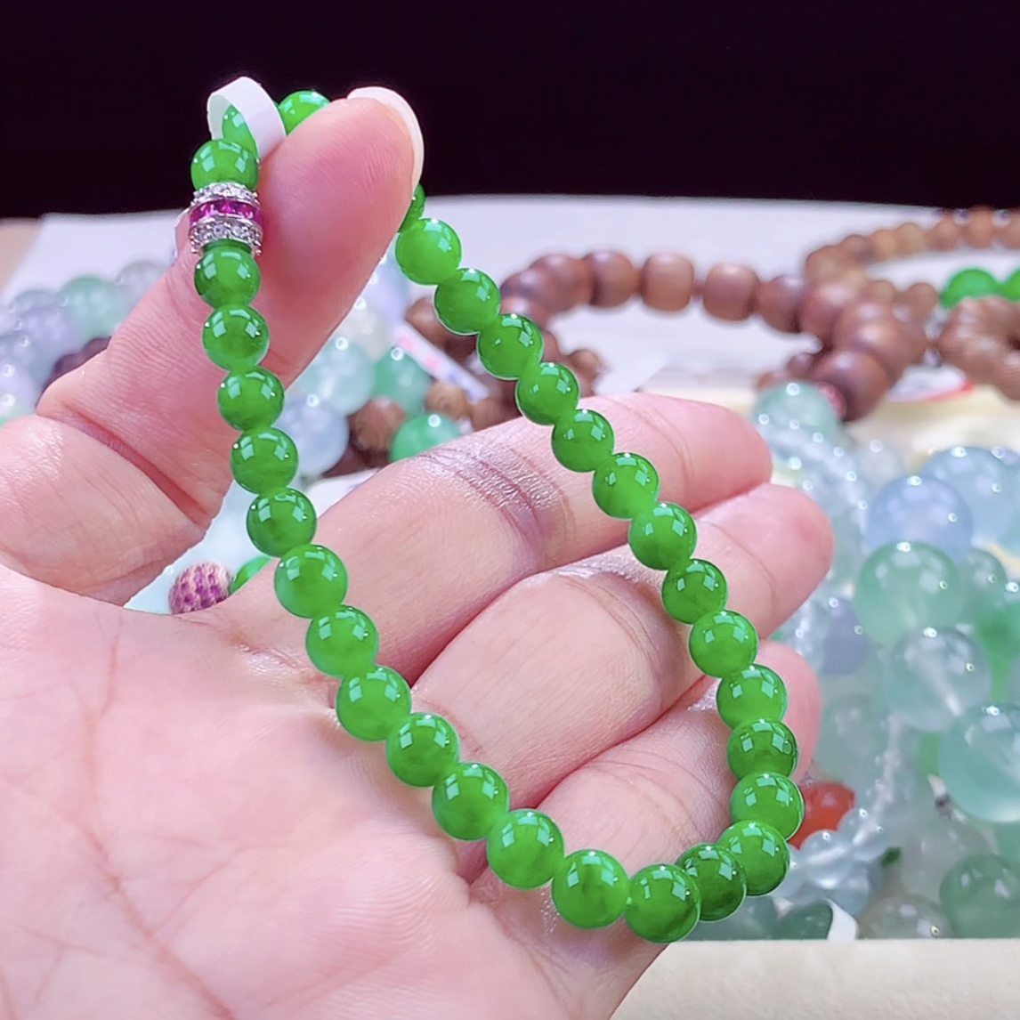 缅甸翡翠A货冰阳绿满色圆珠翡翠手串手链卡6mm编号yr-20b8721