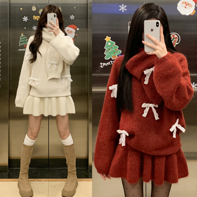 孕妇装秋冬装韩系毛衣半身裙三件套法式千金风洋气孕期围巾套装女