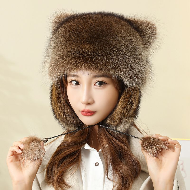 新款小浣熊护耳帽冬季保暖带尾巴男女真皮真毛帽子