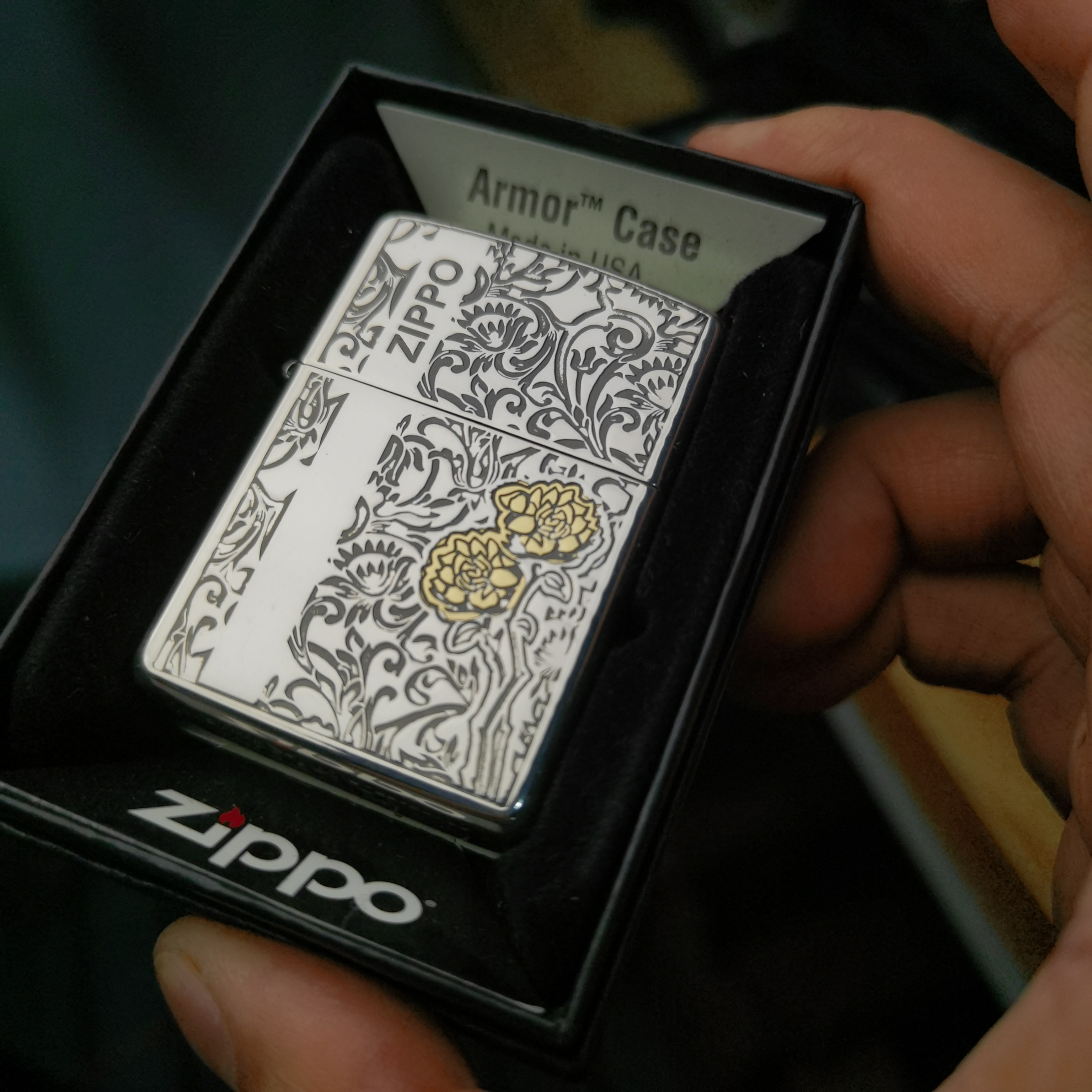 Zippo打火机镀银盔甲唐草藤蔓花错金银唐草242