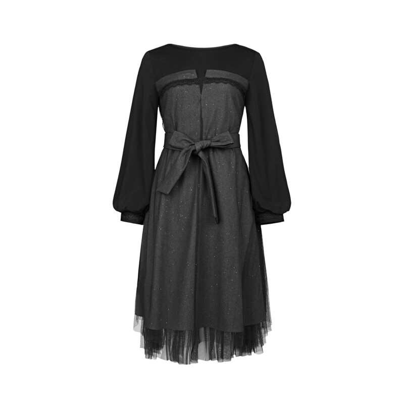 MAOKAI女装圆领收腰网纱花边毛呢连衣裙M223Z12CB