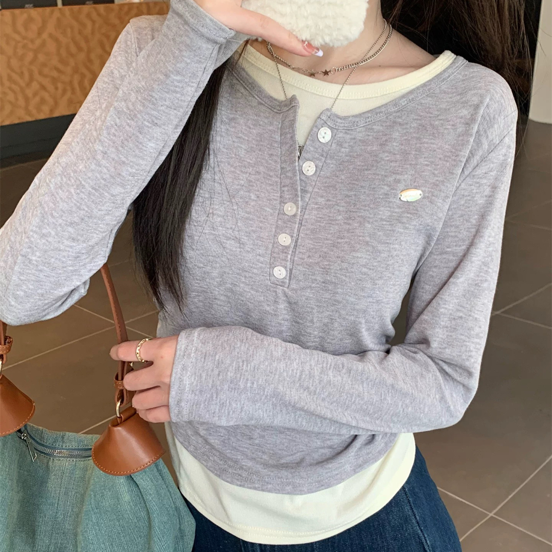 新疆包邮【860】圆领假两件长袖T恤-衣长57