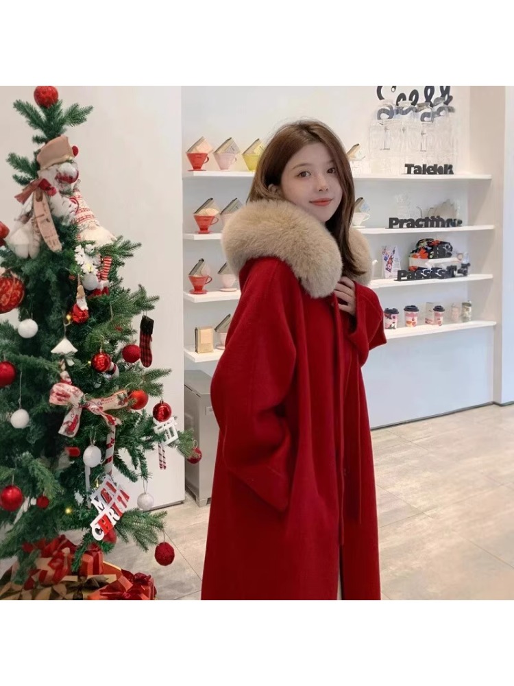 红色大毛领连帽双面呢子大衣女中长款2025冬季新款小个子毛呢外套