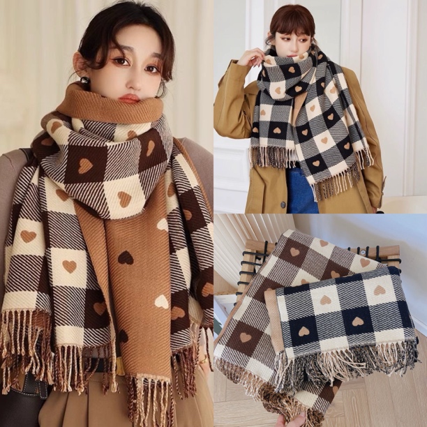 韩版格子爱心双面围巾女秋冬季加厚保暖围脖披肩百搭学生外搭