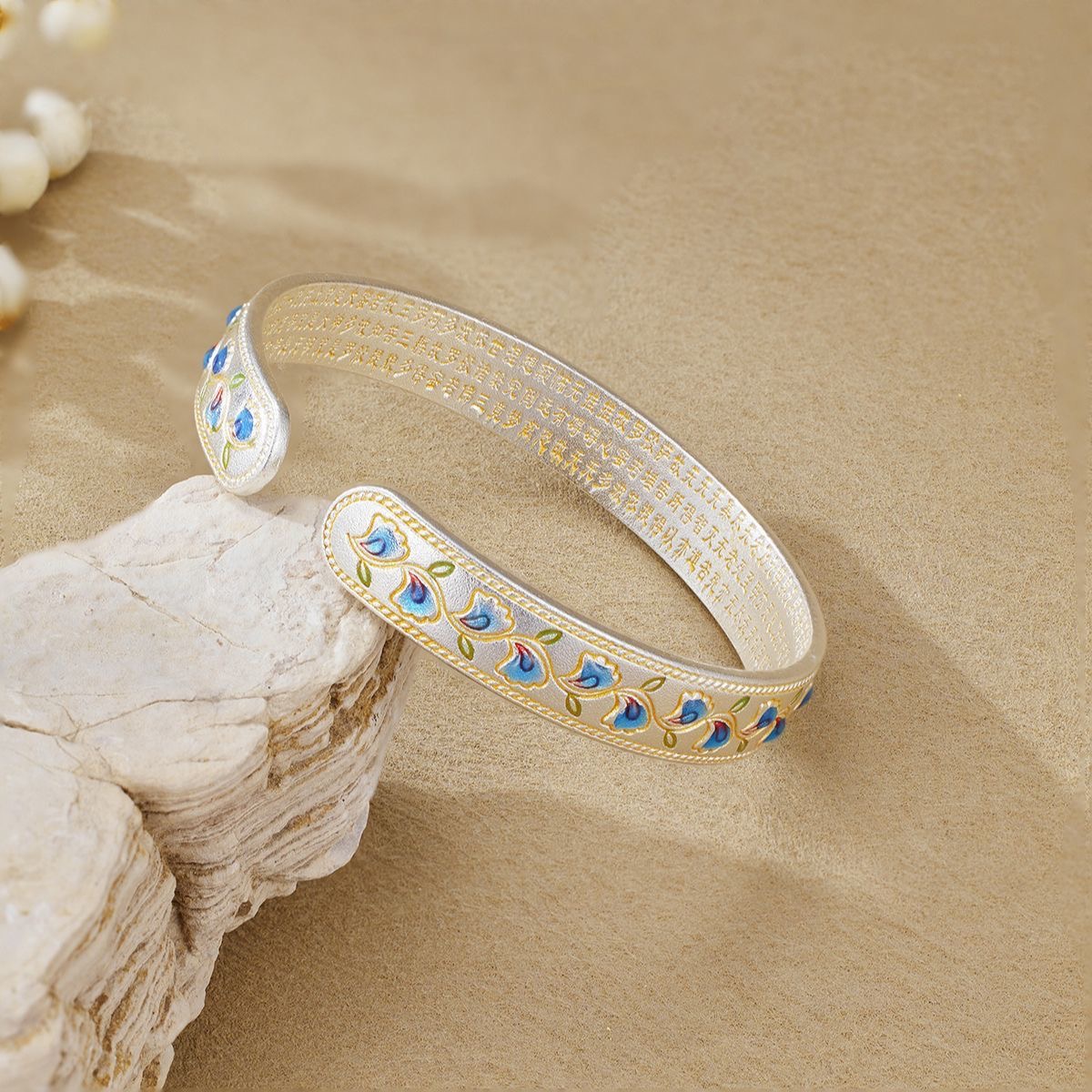 足银手镯 999.9描金珐琅花藤心经手环开口调节文艺【LW】-25号