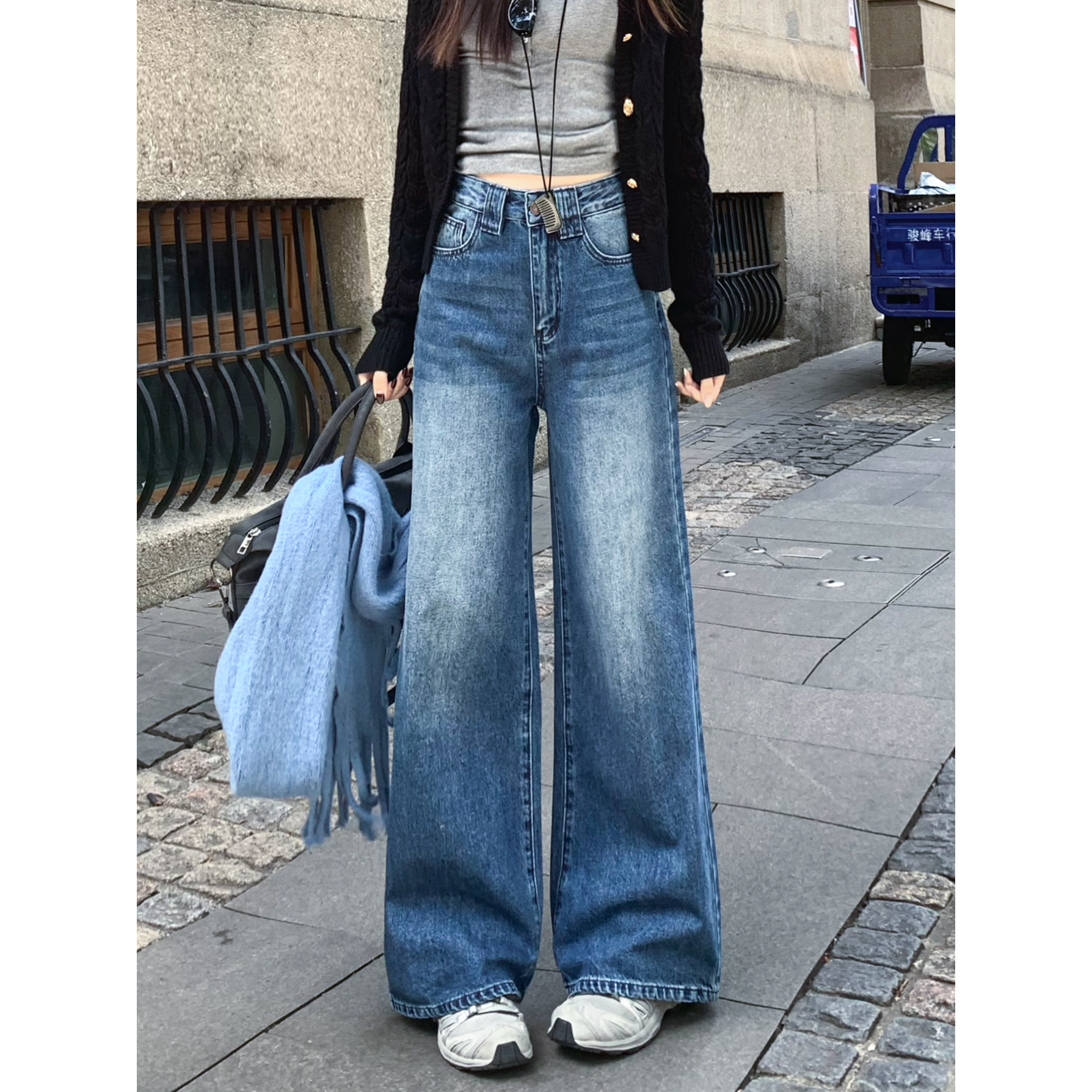 复古微喇牛仔裤女春季大脚美式高街低腰宽松直筒阔腿拖地喇叭裤子