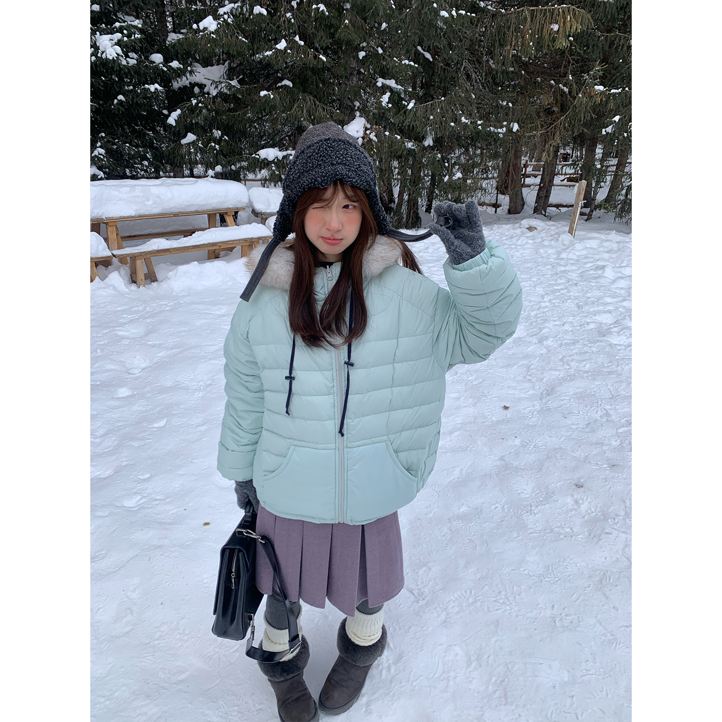 霍里德地图 "暮雪初晴"两面穿可拆卸毛领90白鸭绒连帽排骨羽绒服