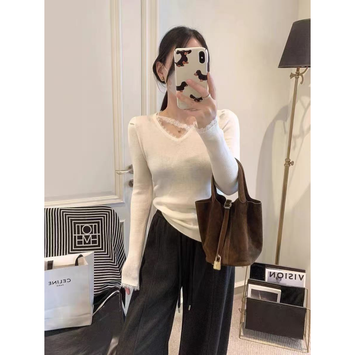 SHYU秋冬新款韩系V领蕾丝拼接针织衫女修身显瘦百搭上衣5516