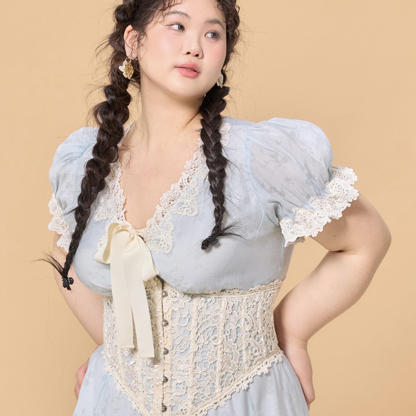 LaceMade大码女装  夏天的风 法式田园baby蓝长款通勤连衣裙胸衣